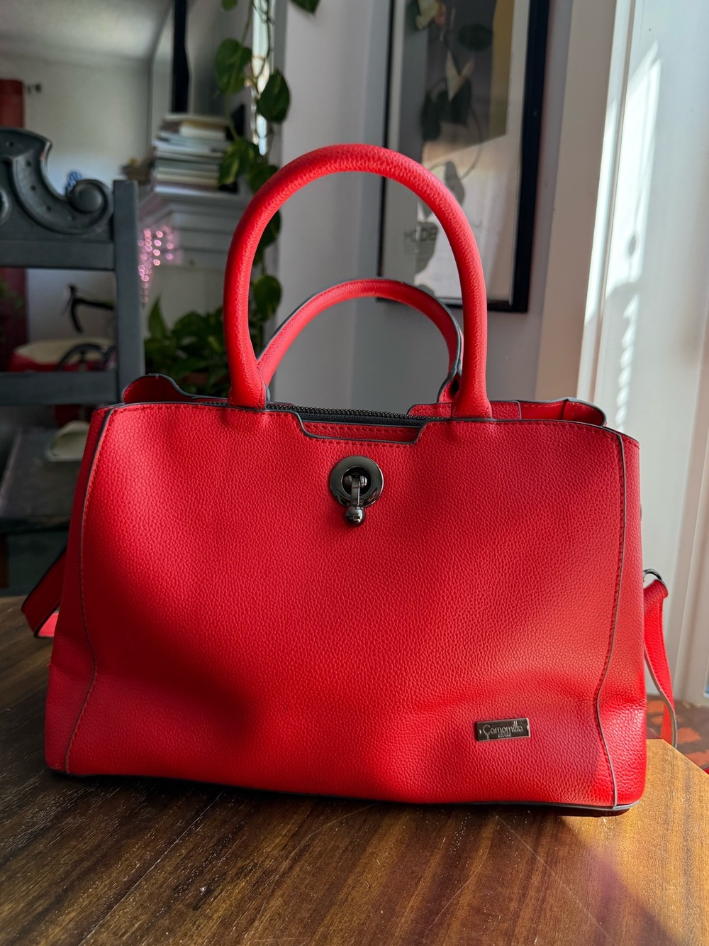 Red Pebbled Leather Satchel with Turn-Lock Accent